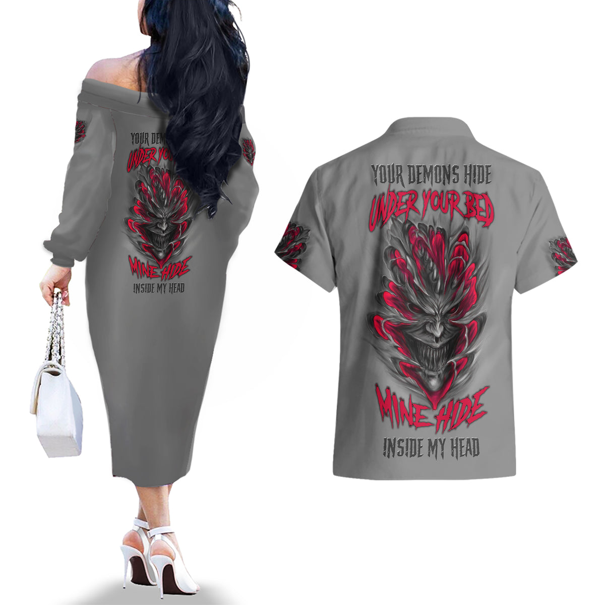 Your Demons Hide Under Your Bed Couples Matching Off The Shoulder Long Sleeve Dress and Hawaiian Shirt - Wonder Print Shop