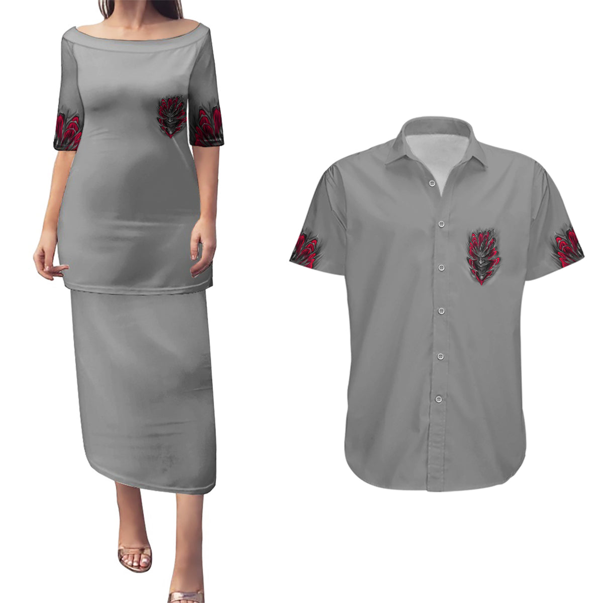 Your Demons Hide Under Your Bed Couples Matching Puletasi Dress and Hawaiian Shirt - Wonder Print Shop