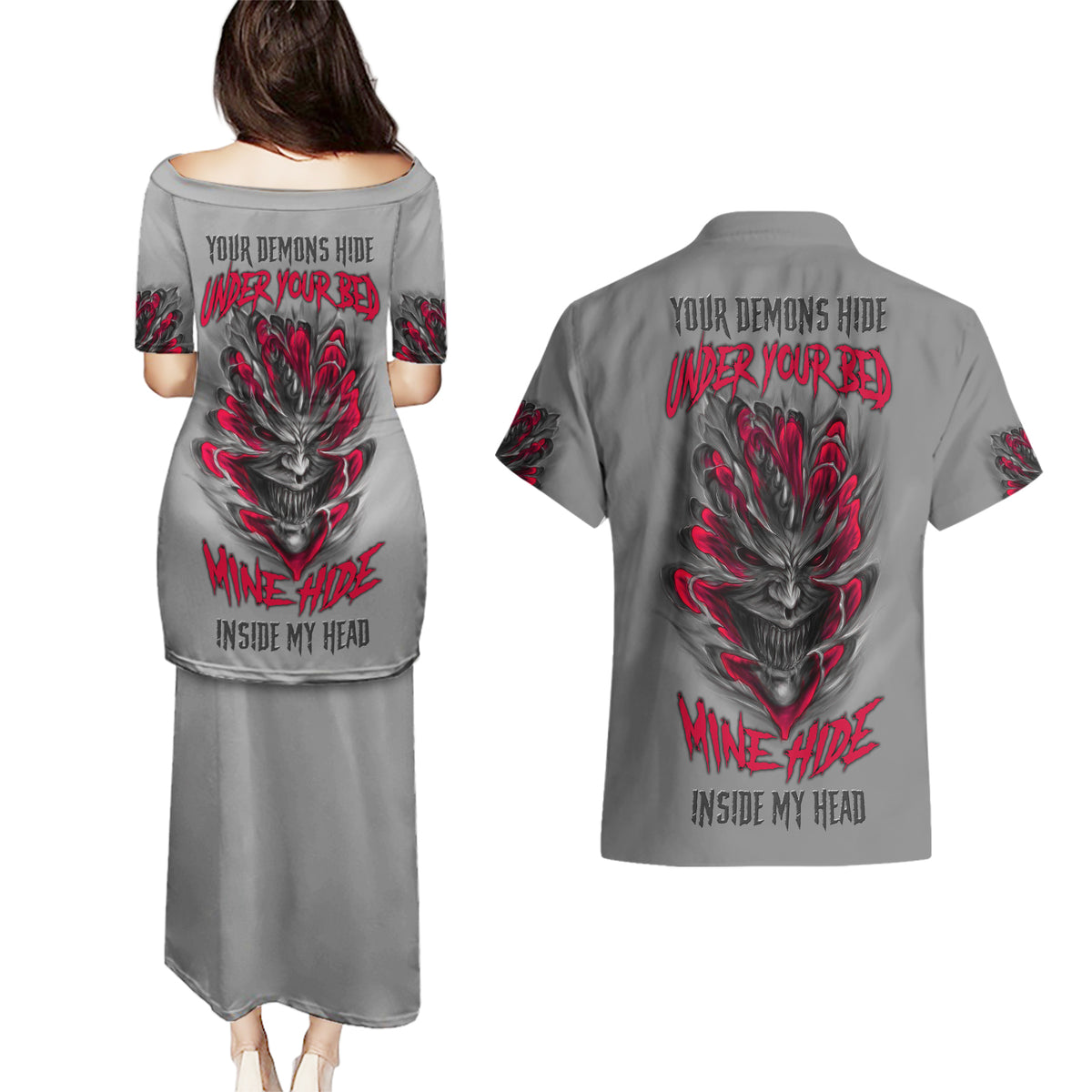 Your Demons Hide Under Your Bed Couples Matching Puletasi Dress and Hawaiian Shirt - Wonder Print Shop