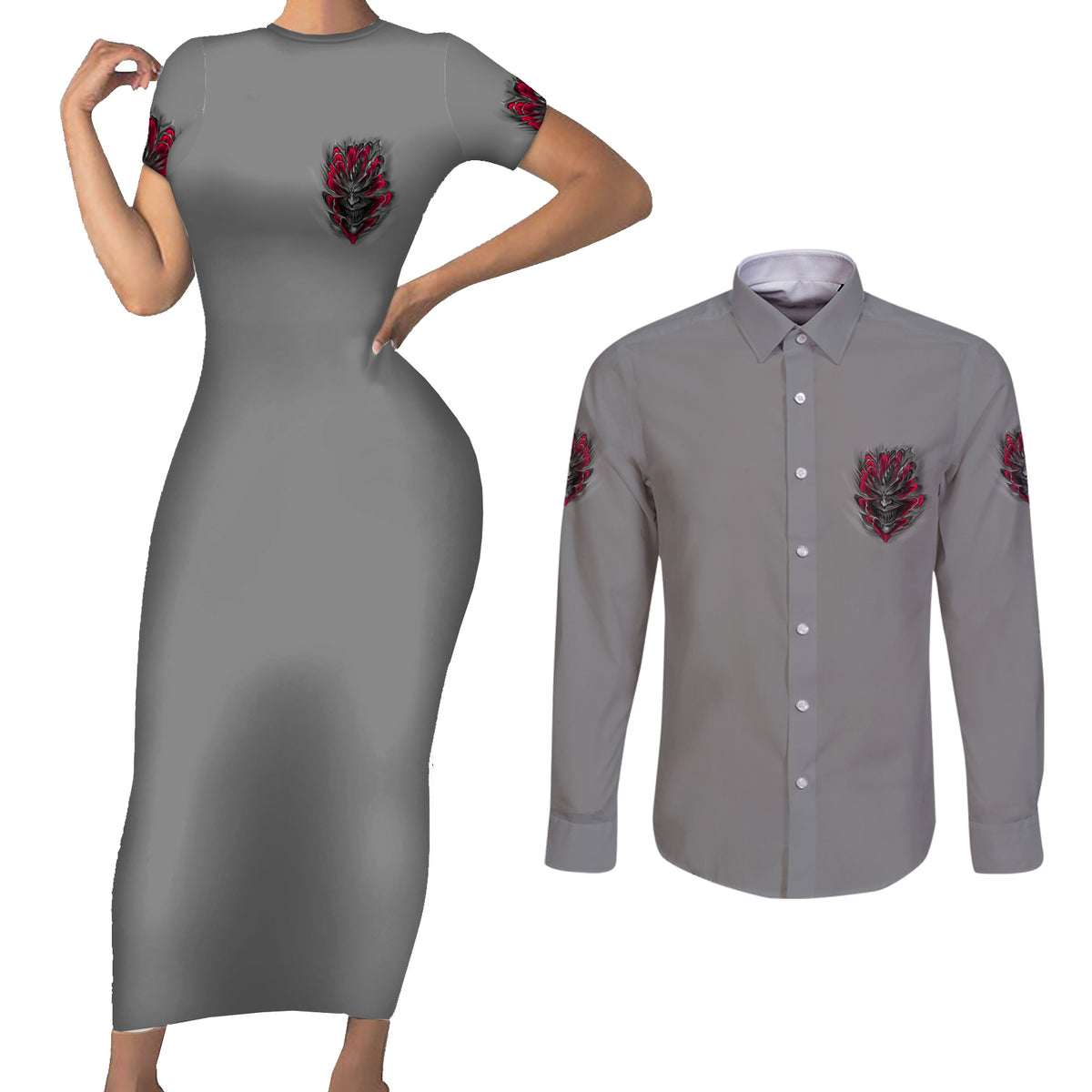 Your Demons Hide Under Your Bed Couples Matching Short Sleeve Bodycon Dress and Long Sleeve Button Shirt - Wonder Print Shop