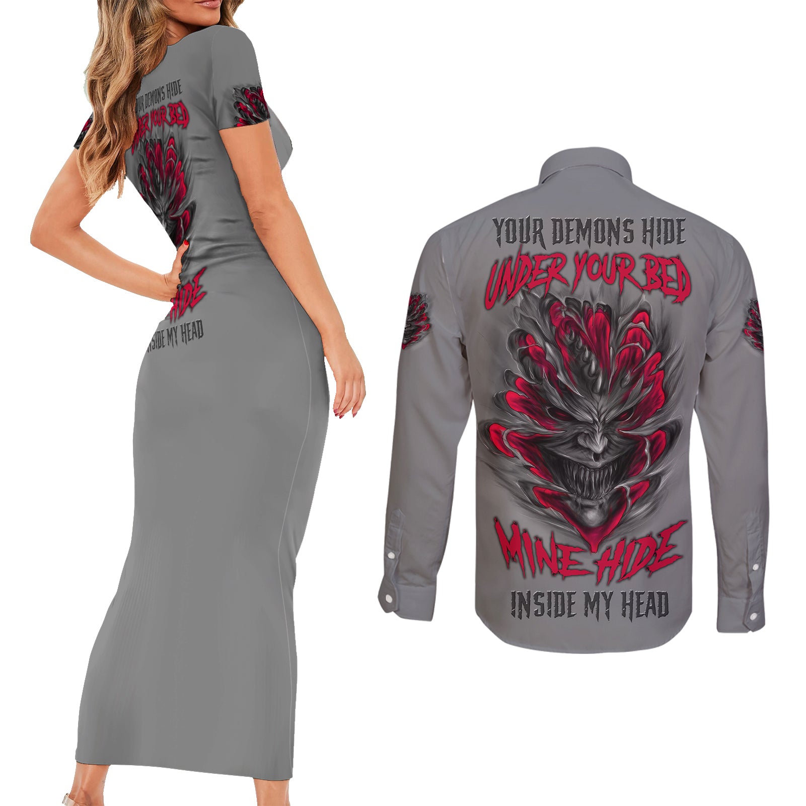 Your Demons Hide Under Your Bed Couples Matching Short Sleeve Bodycon Dress and Long Sleeve Button Shirt - Wonder Print Shop
