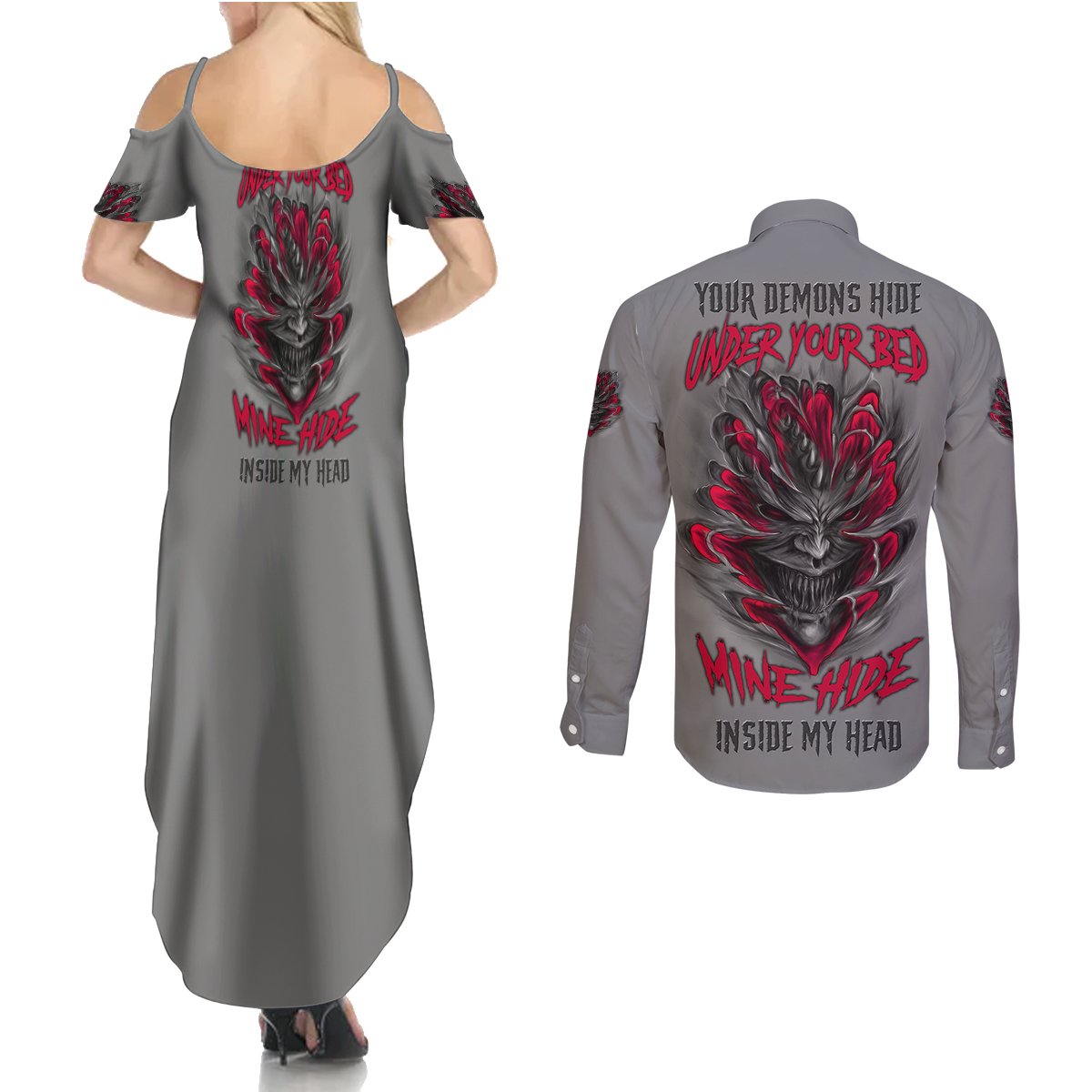 Your Demons Hide Under Your Bed Couples Matching Summer Maxi Dress and Long Sleeve Button Shirt - Wonder Print Shop