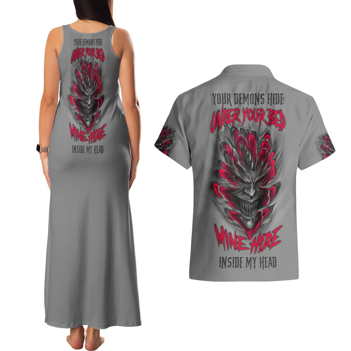 Your Demons Hide Under Your Bed Couples Matching Tank Maxi Dress and Hawaiian Shirt - Wonder Print Shop