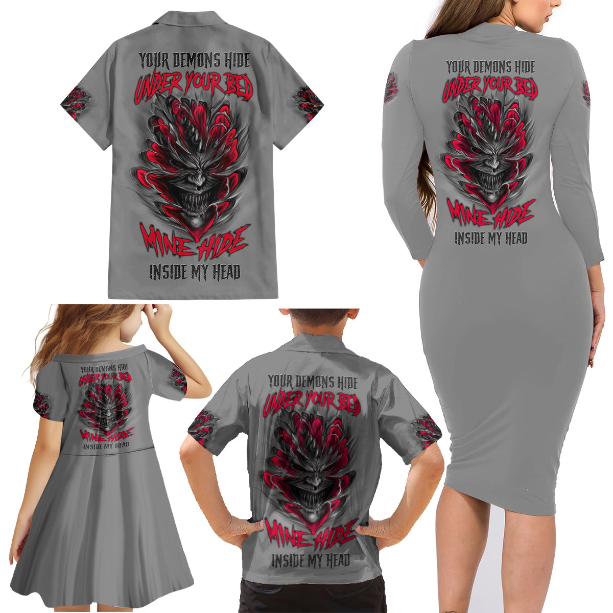 Your Demons Hide Under Your Bed Family Matching Long Sleeve Bodycon Dress and Hawaiian Shirt - Wonder Print Shop