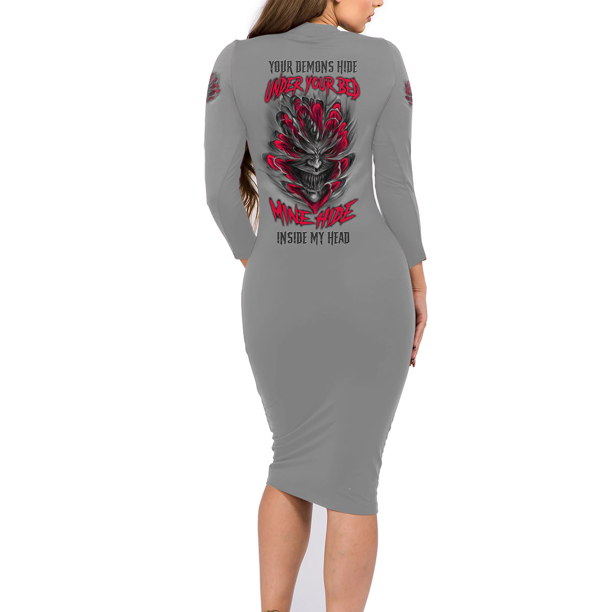 Your Demons Hide Under Your Bed Family Matching Long Sleeve Bodycon Dress and Hawaiian Shirt - Wonder Print Shop