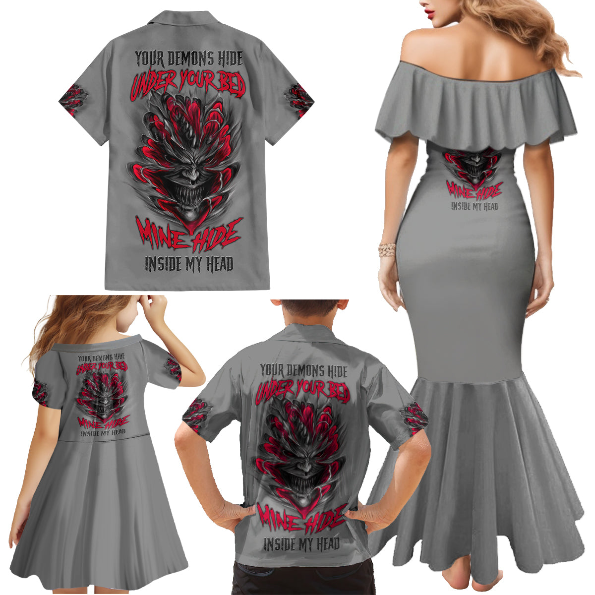 Your Demons Hide Under Your Bed Family Matching Mermaid Dress and Hawaiian Shirt - Wonder Print Shop