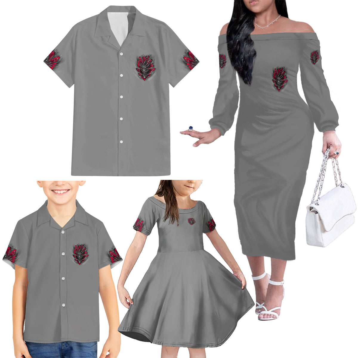 Your Demons Hide Under Your Bed Family Matching Off Shoulder Long Sleeve Dress and Hawaiian Shirt - Wonder Print Shop