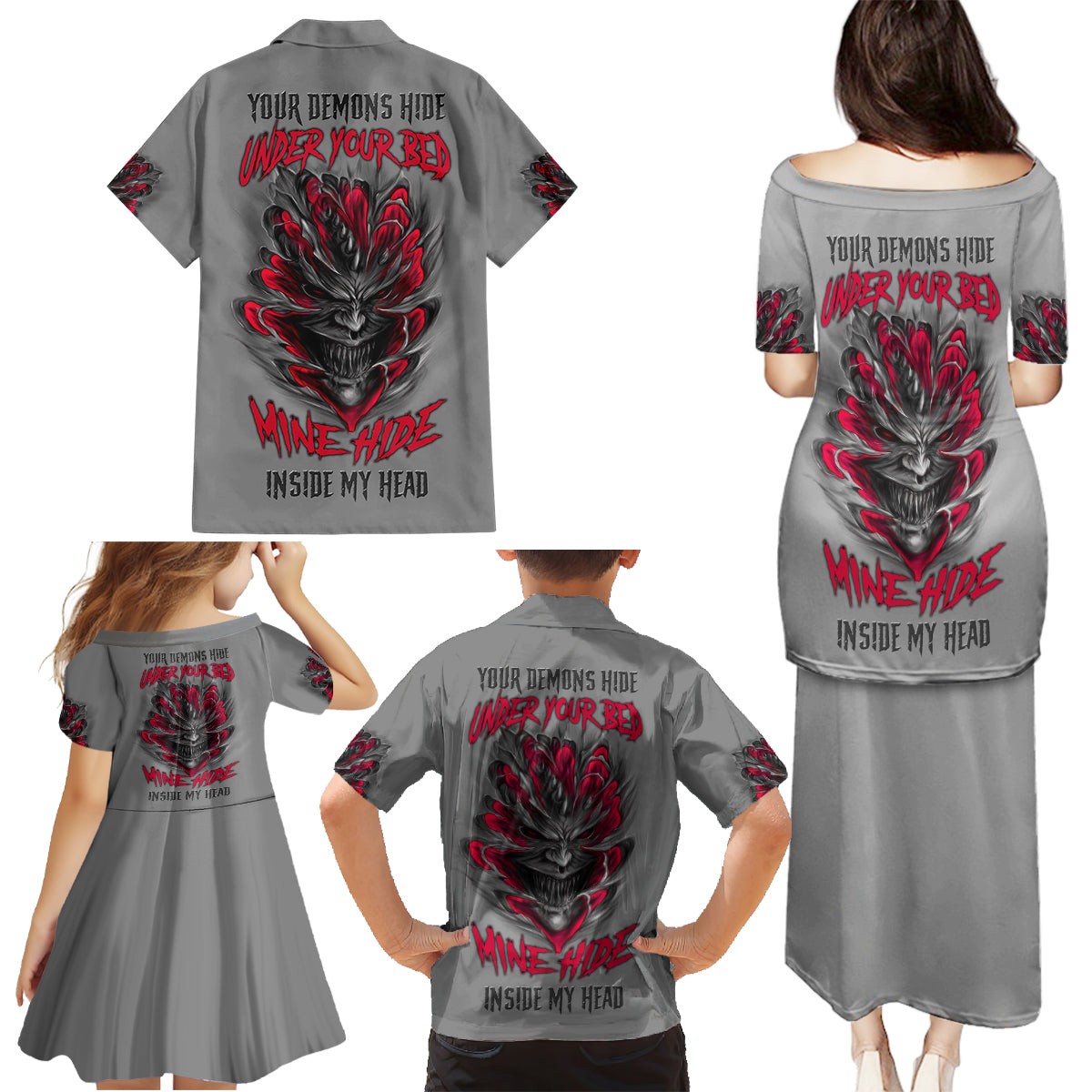 Your Demons Hide Under Your Bed Family Matching Puletasi Dress and Hawaiian Shirt - Wonder Print Shop