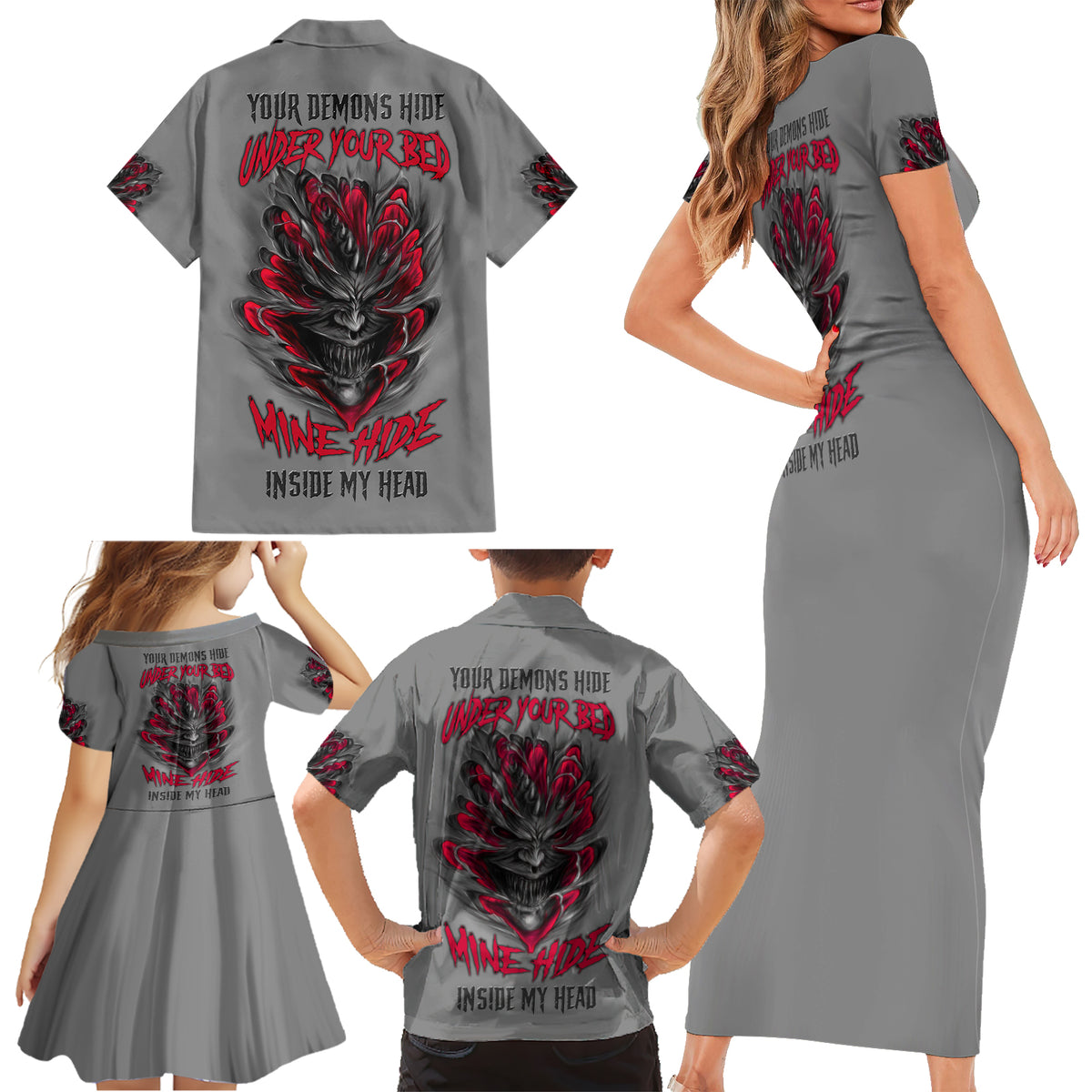 Your Demons Hide Under Your Bed Family Matching Short Sleeve Bodycon Dress and Hawaiian Shirt - Wonder Print Shop