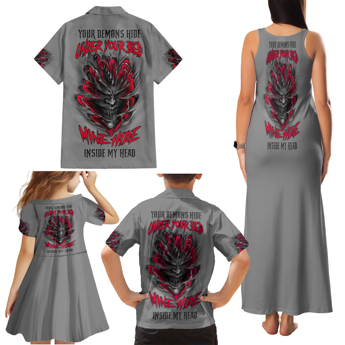 Your Demons Hide Under Your Bed Family Matching Tank Maxi Dress and Hawaiian Shirt - Wonder Print Shop