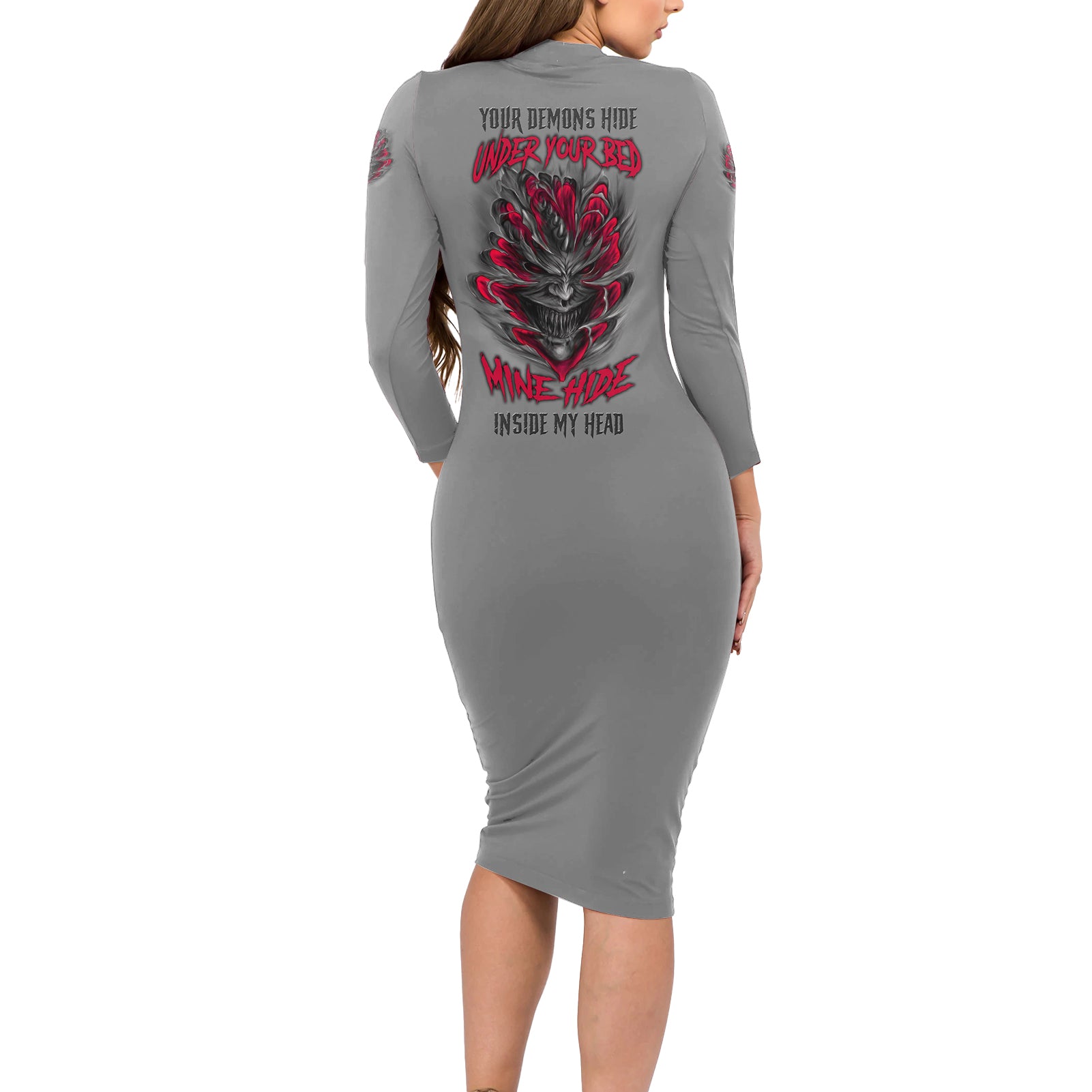 Your Demons Hide Under Your Bed Long Sleeve Bodycon Dress - Wonder Print Shop