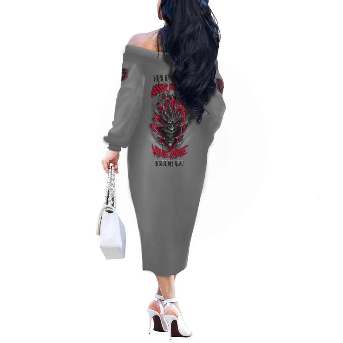 Your Demons Hide Under Your Bed Off The Shoulder Long Sleeve Dress - Wonder Print Shop