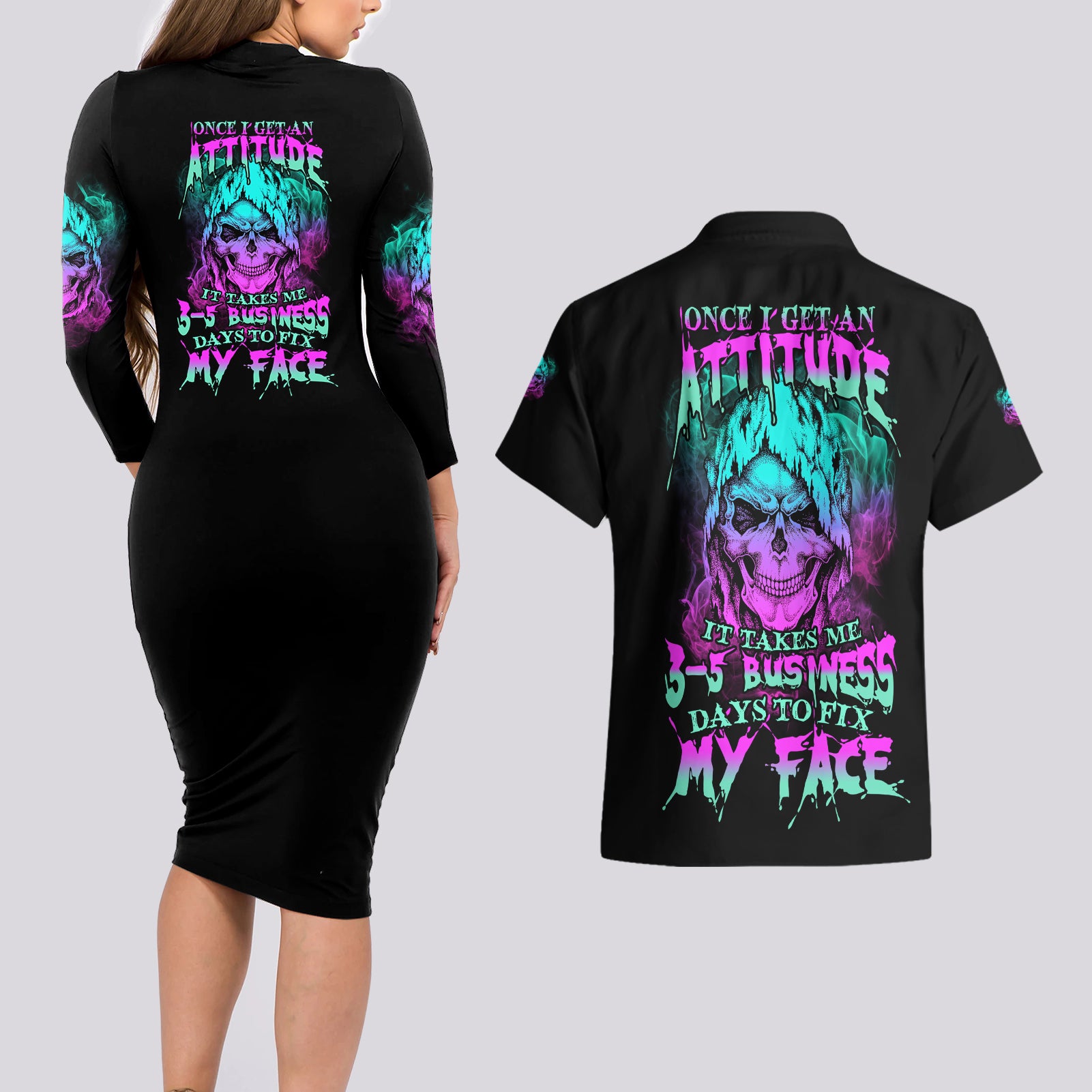 Once I Get An Attitude Reaper Couples Matching Long Sleeve Bodycon Dress and Hawaiian Shirt - Wonder Print Shop