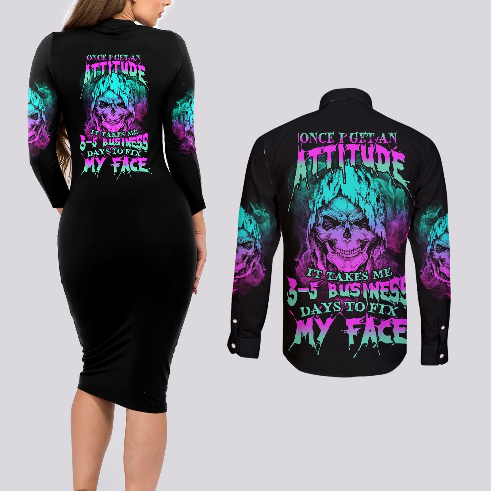Once I Get An Attitude Reaper Couples Matching Long Sleeve Bodycon Dress and Long Sleeve Button Shirt - Wonder Print Shop