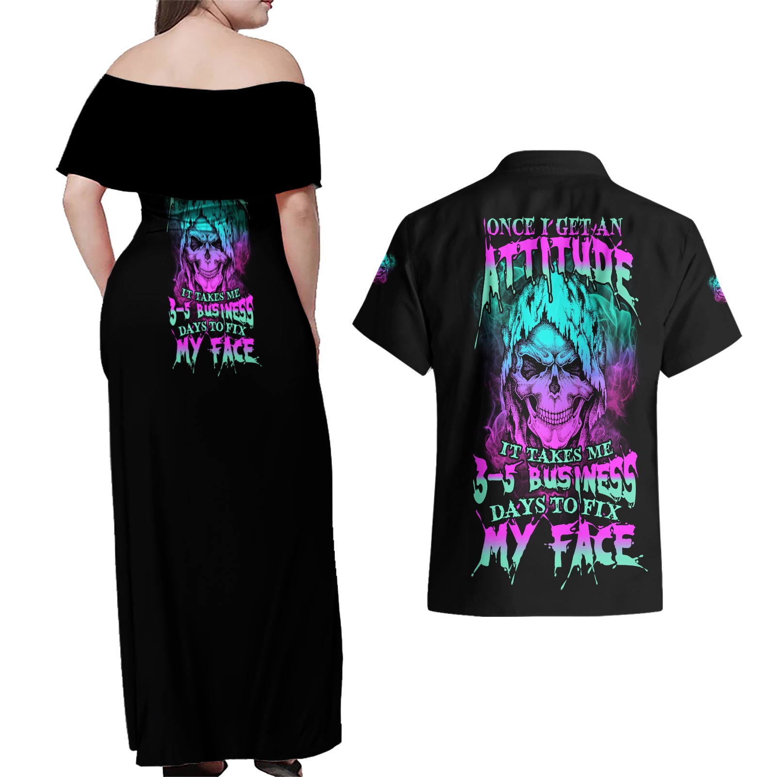 Once I Get An Attitude Reaper Couples Matching Off Shoulder Maxi Dress and Hawaiian Shirt - Wonder Print Shop