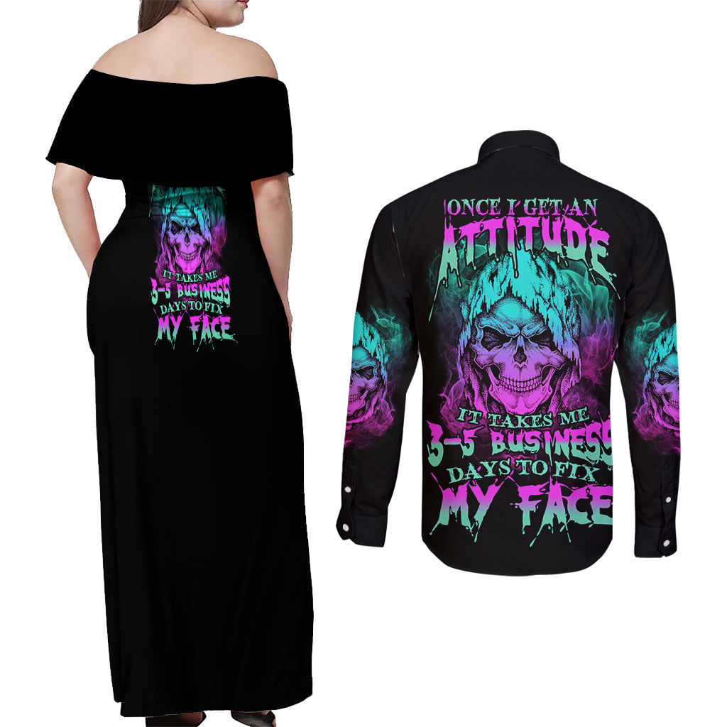 Once I Get An Attitude Reaper Couples Matching Off Shoulder Maxi Dress and Long Sleeve Button Shirt - Wonder Print Shop