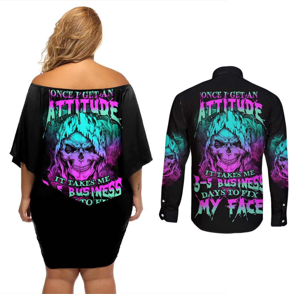 Once I Get An Attitude Reaper Couples Matching Off Shoulder Short Dress and Long Sleeve Button Shirt - Wonder Print Shop