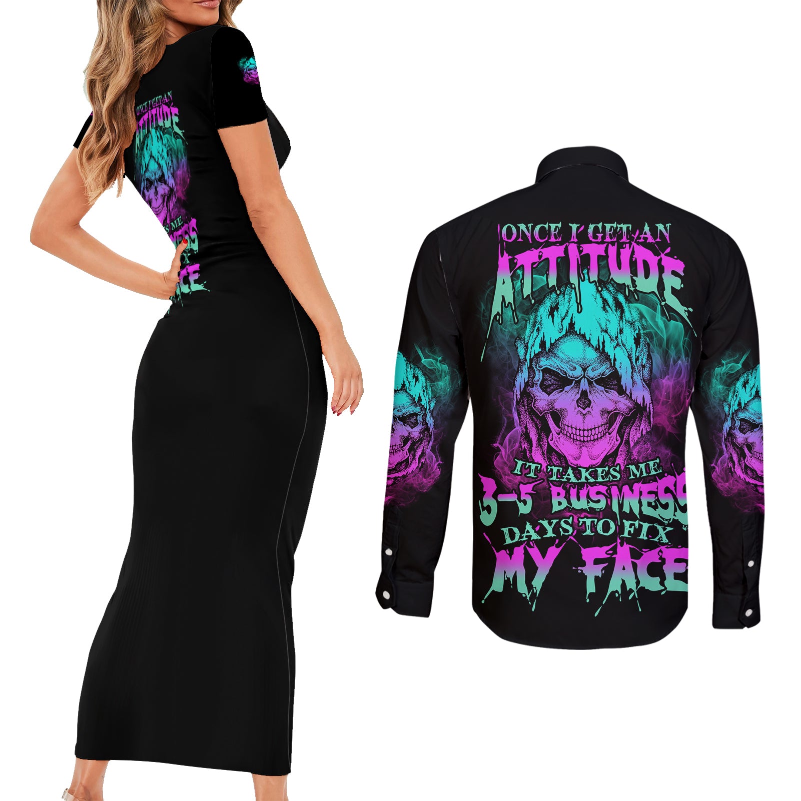 Once I Get An Attitude Reaper Couples Matching Short Sleeve Bodycon Dress and Long Sleeve Button Shirt - Wonder Print Shop