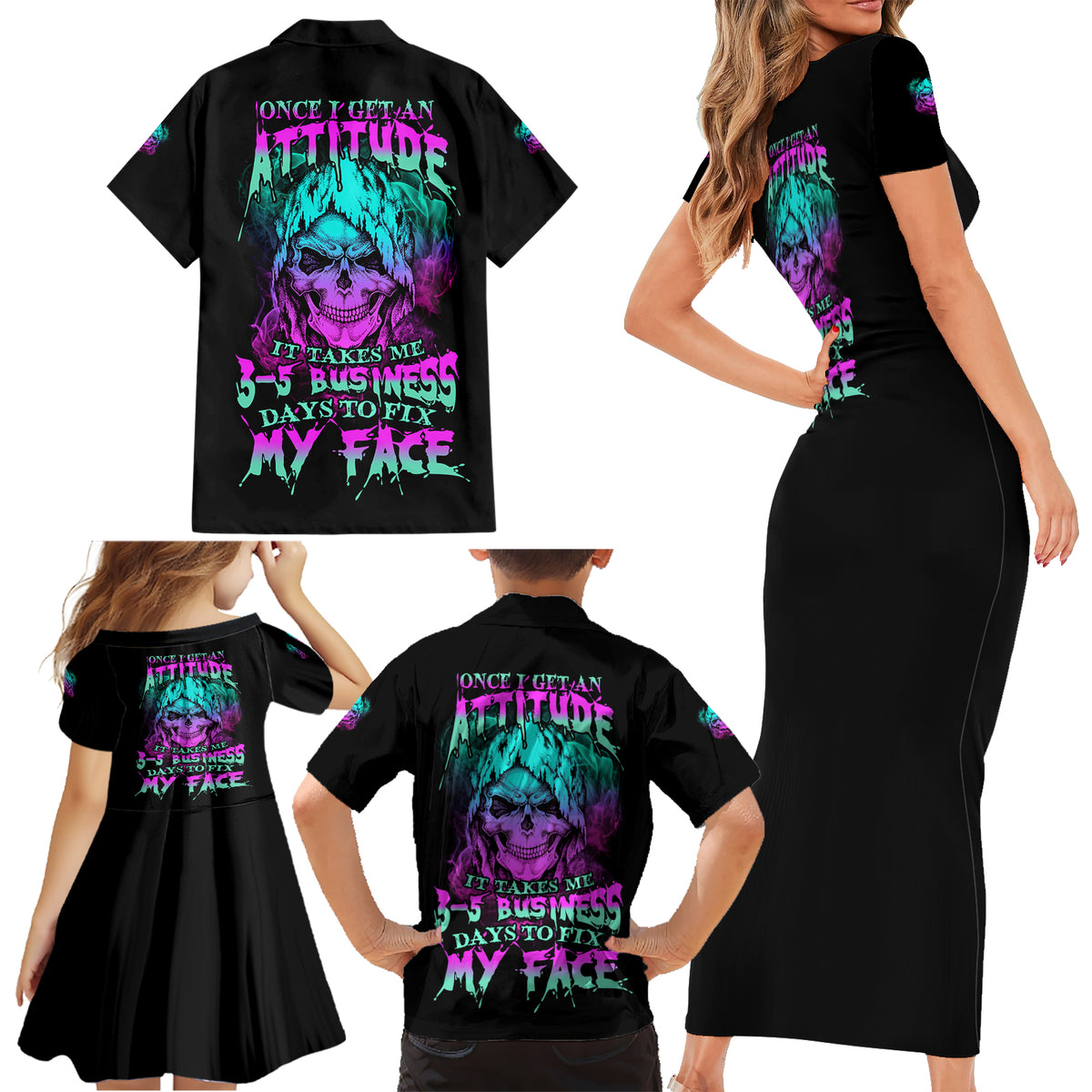 Once I Get An Attitude Reaper Family Matching Short Sleeve Bodycon Dress and Hawaiian Shirt - Wonder Print Shop