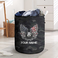 Custom American Flag Billiards Laundry Basket with 8-Ball Wings and Camo Background - Wonder Print Shop