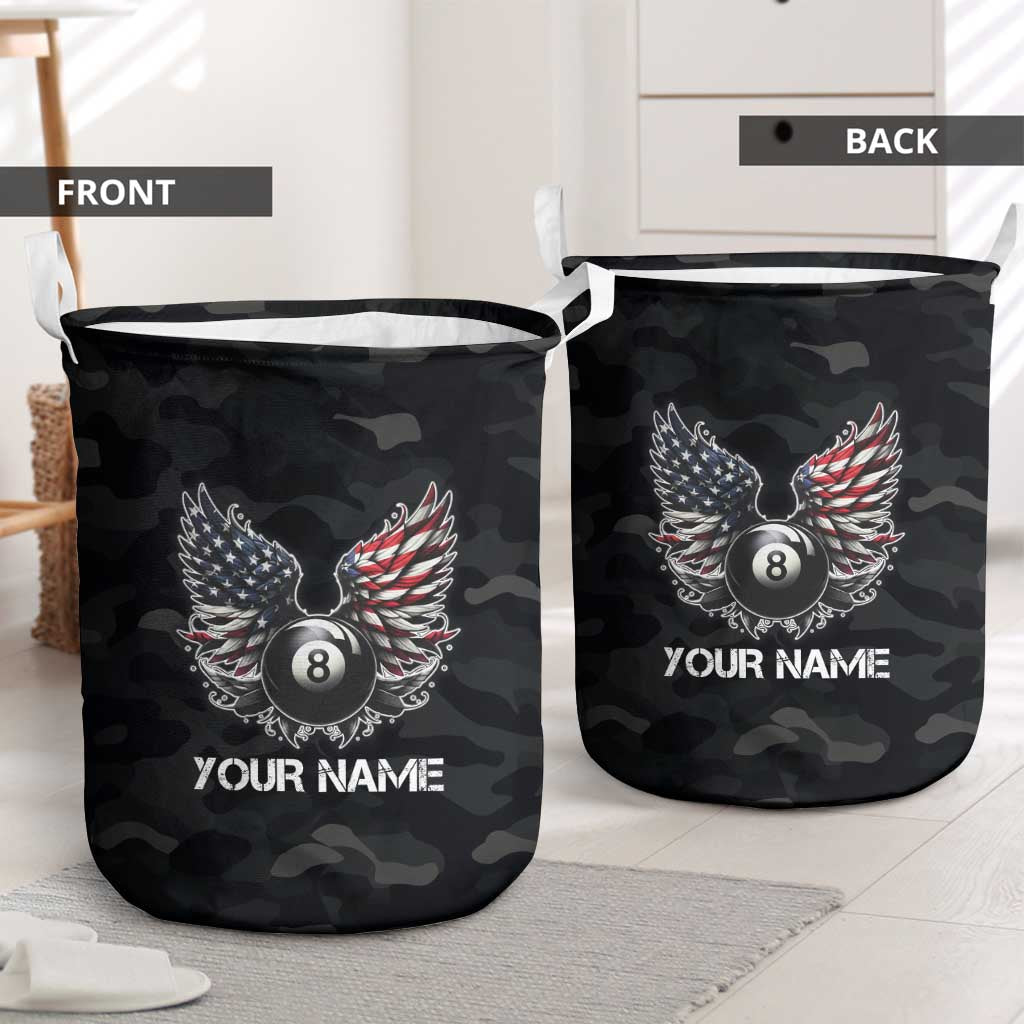 Custom American Flag Billiards Laundry Basket with 8-Ball Wings and Camo Background - Wonder Print Shop