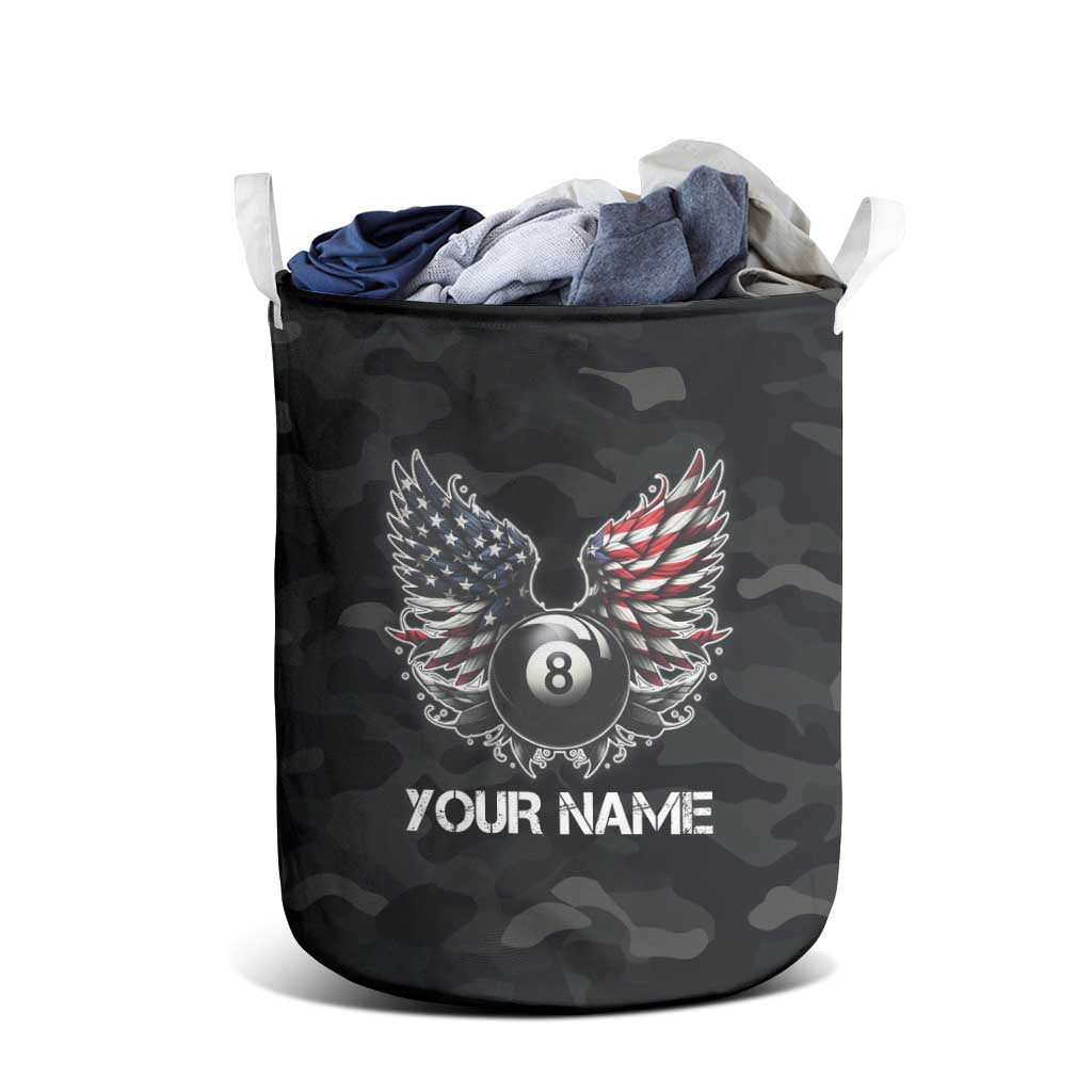 Custom American Flag Billiards Laundry Basket with 8-Ball Wings and Camo Background - Wonder Print Shop