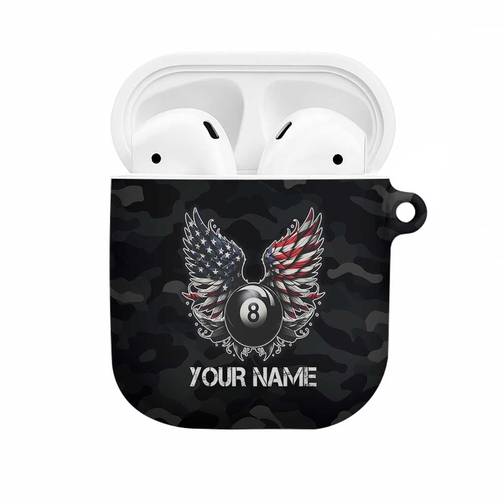 Custom American Flag Billiards AirPods Case with 8-Ball Wings and Camo Background - Wonder Print Shop