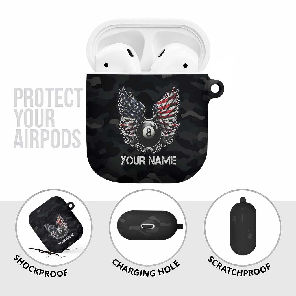 Custom American Flag Billiards AirPods Case with 8-Ball Wings and Camo Background - Wonder Print Shop