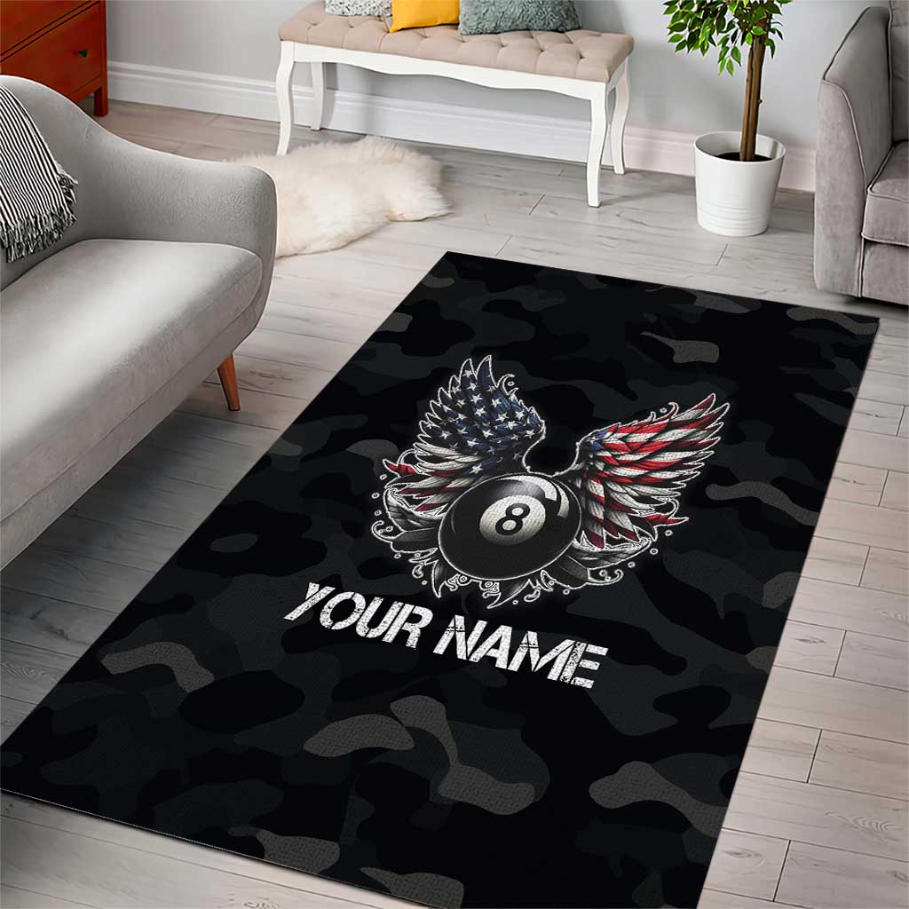 Custom American Flag Billiards Area Rug with 8-Ball Wings and Camo Background - Wonder Print Shop