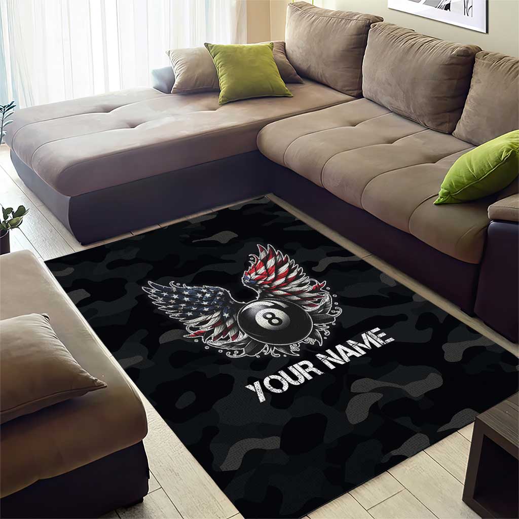 Custom American Flag Billiards Area Rug with 8-Ball Wings and Camo Background - Wonder Print Shop