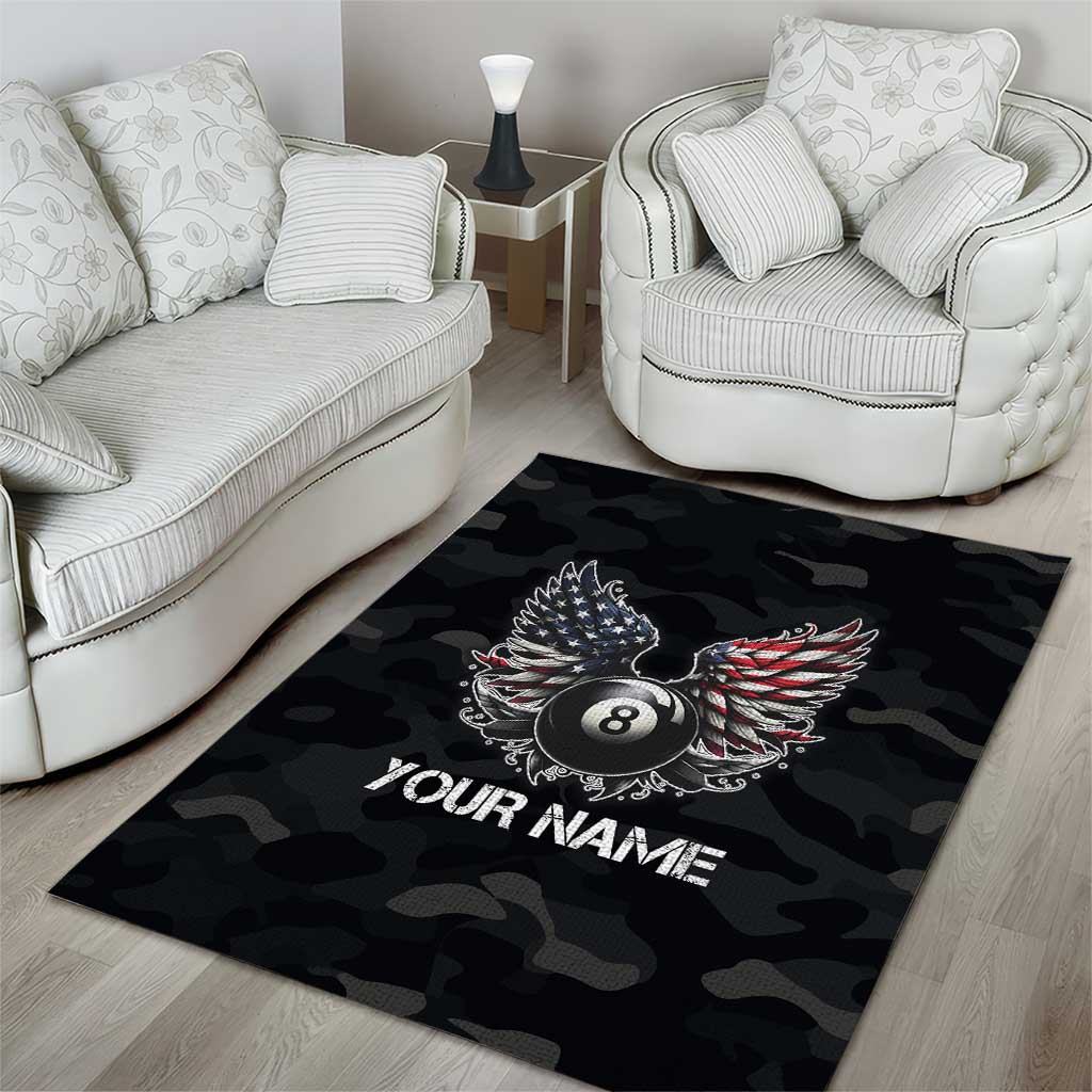 Custom American Flag Billiards Area Rug with 8-Ball Wings and Camo Background - Wonder Print Shop