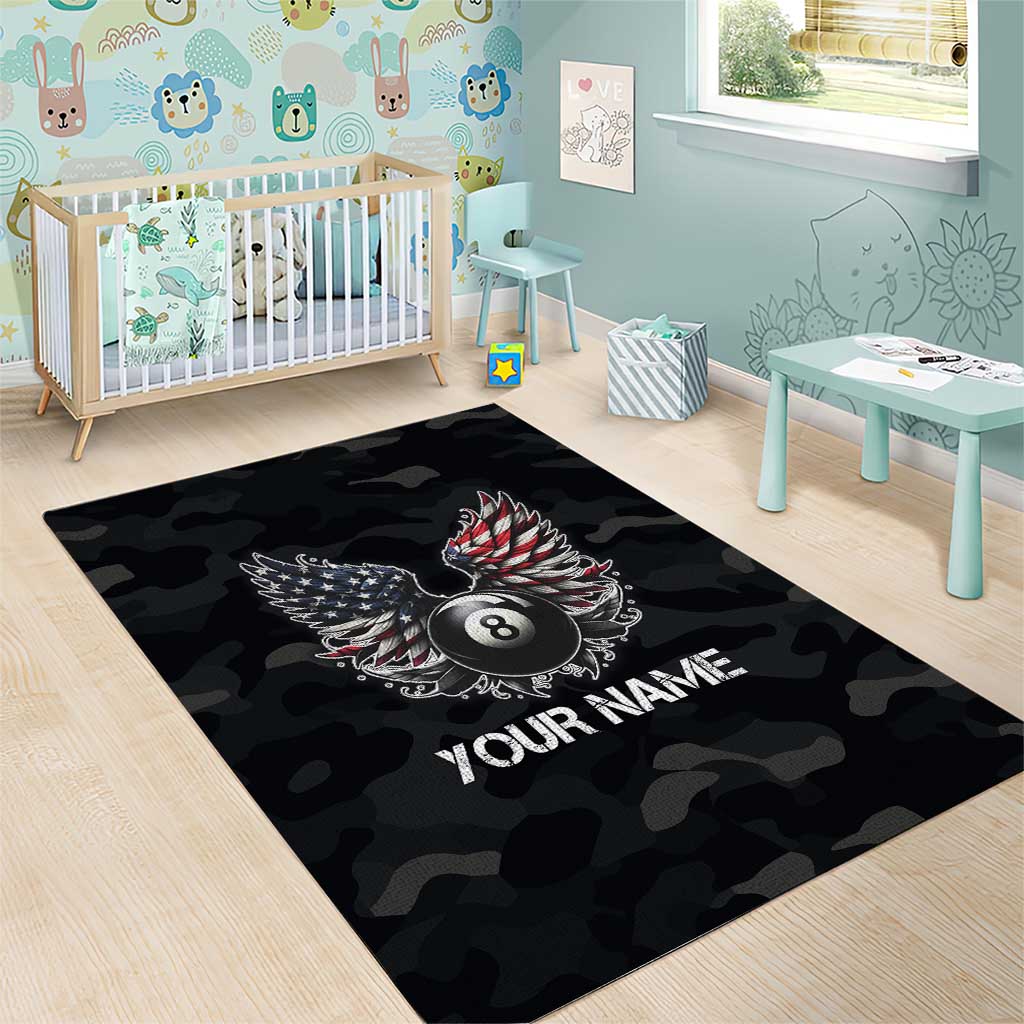 Custom American Flag Billiards Area Rug with 8-Ball Wings and Camo Background - Wonder Print Shop