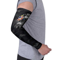 Custom American Flag Billiards Arm Sleeves with 8-Ball Wings and Camo Background - Wonder Print Shop