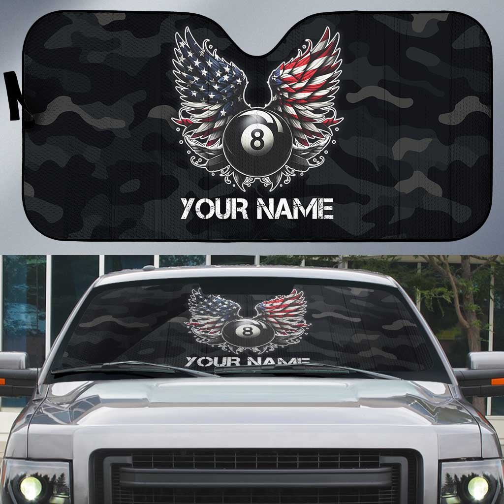 Custom American Flag Billiards Auto Sun Shade with 8-Ball Wings and Camo Background - Wonder Print Shop