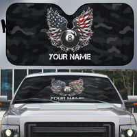 Custom American Flag Billiards Auto Sun Shade with 8-Ball Wings and Camo Background - Wonder Print Shop