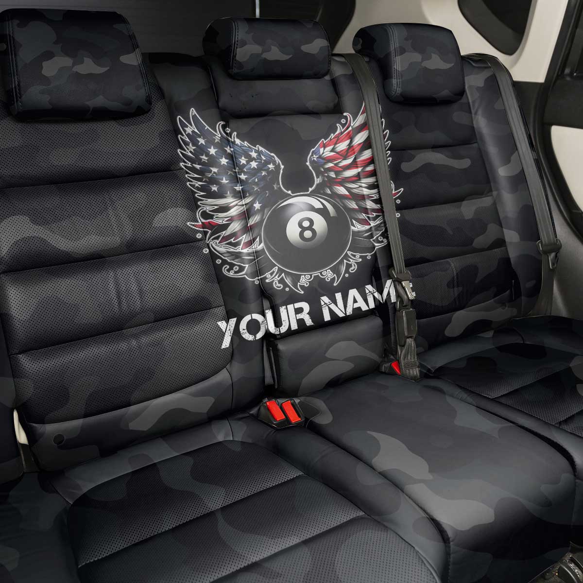 Custom American Flag Billiards Back Car Seat Cover with 8-Ball Wings and Camo Background - Wonder Print Shop