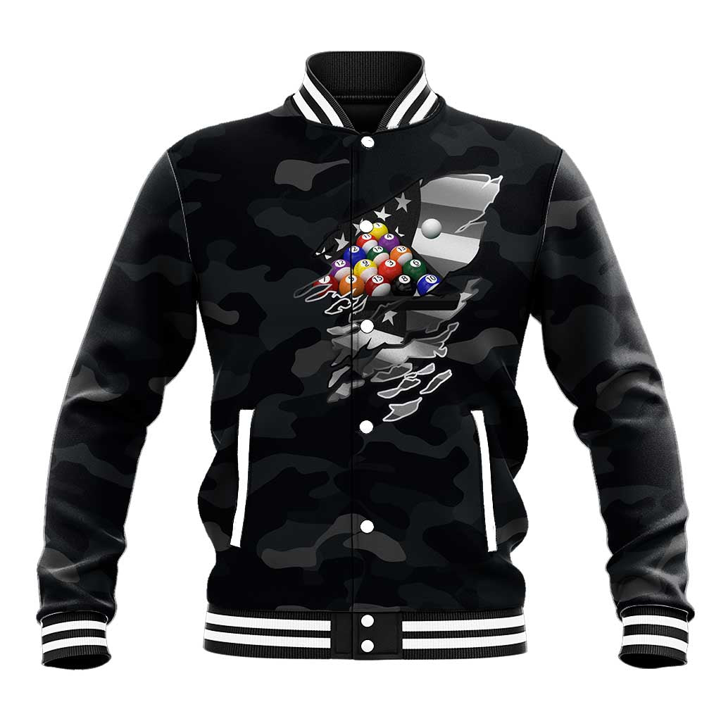 Custom American Flag Billiards Baseball Jacket with 8-Ball Wings and Camo Background - Wonder Print Shop