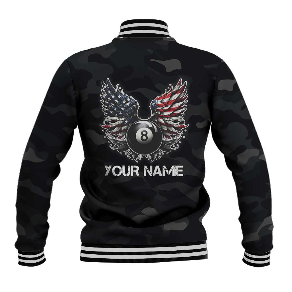 Custom American Flag Billiards Baseball Jacket with 8-Ball Wings and Camo Background - Wonder Print Shop