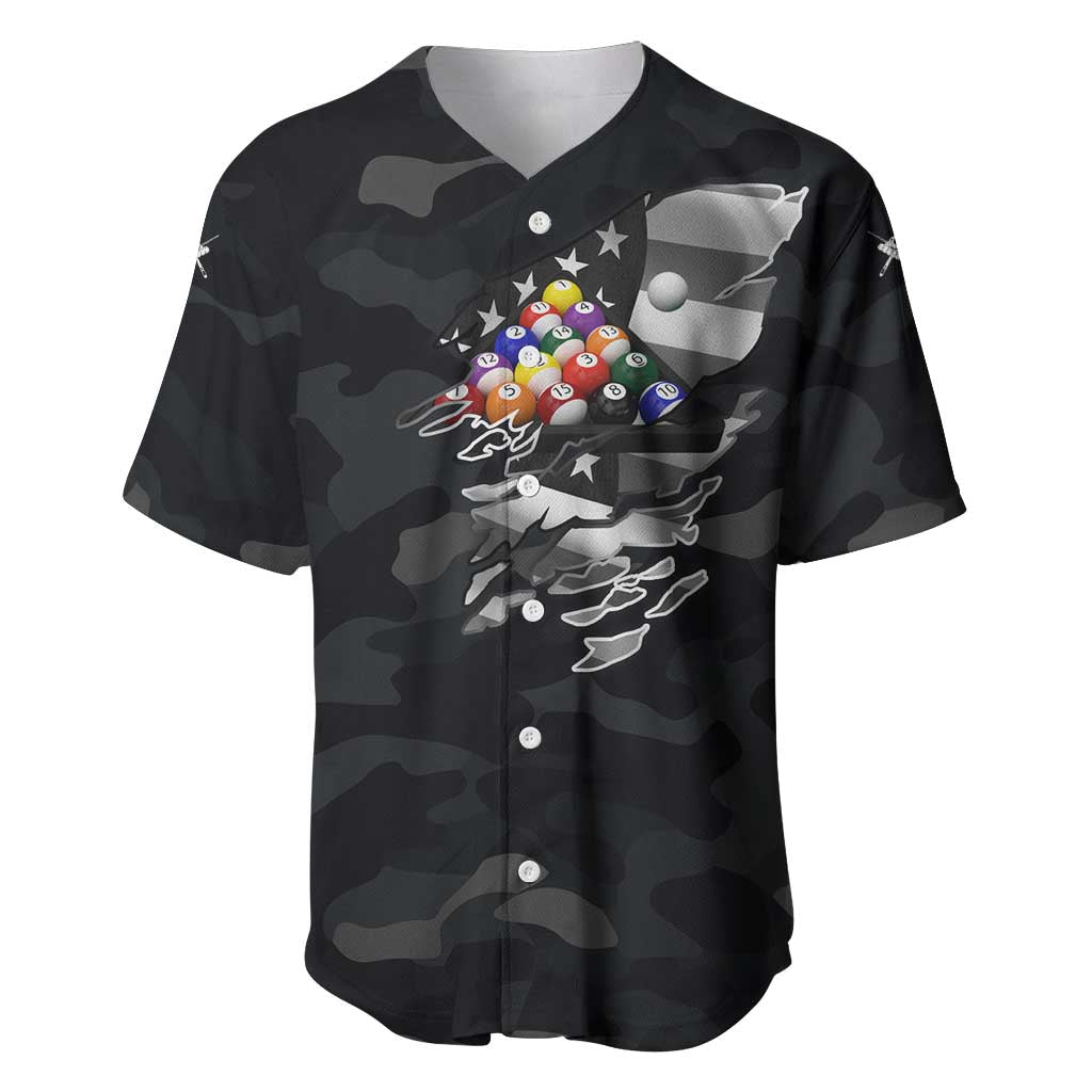 Custom American Flag Billiards Baseball Jersey with 8-Ball Wings and Camo Background - Wonder Print Shop