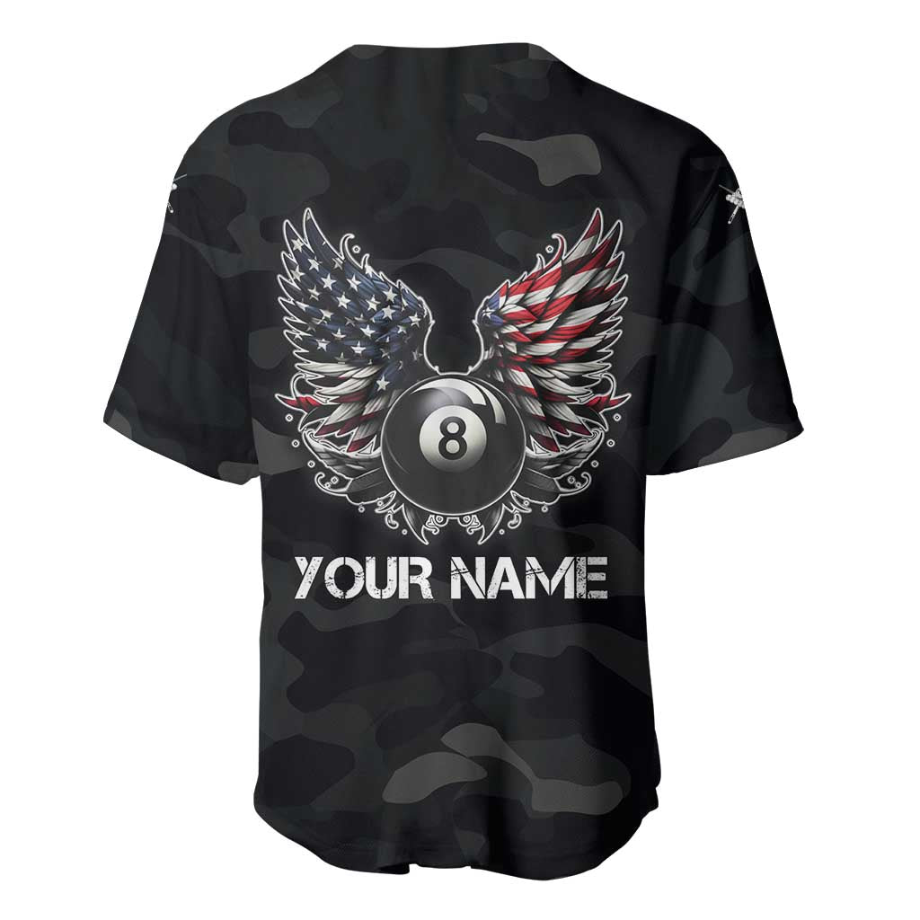 Custom American Flag Billiards Baseball Jersey with 8-Ball Wings and Camo Background - Wonder Print Shop