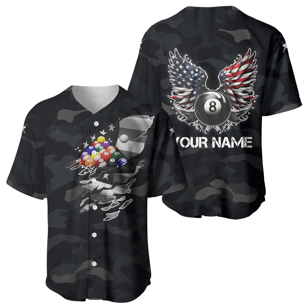 Custom American Flag Billiards Baseball Jersey with 8-Ball Wings and Camo Background - Wonder Print Shop