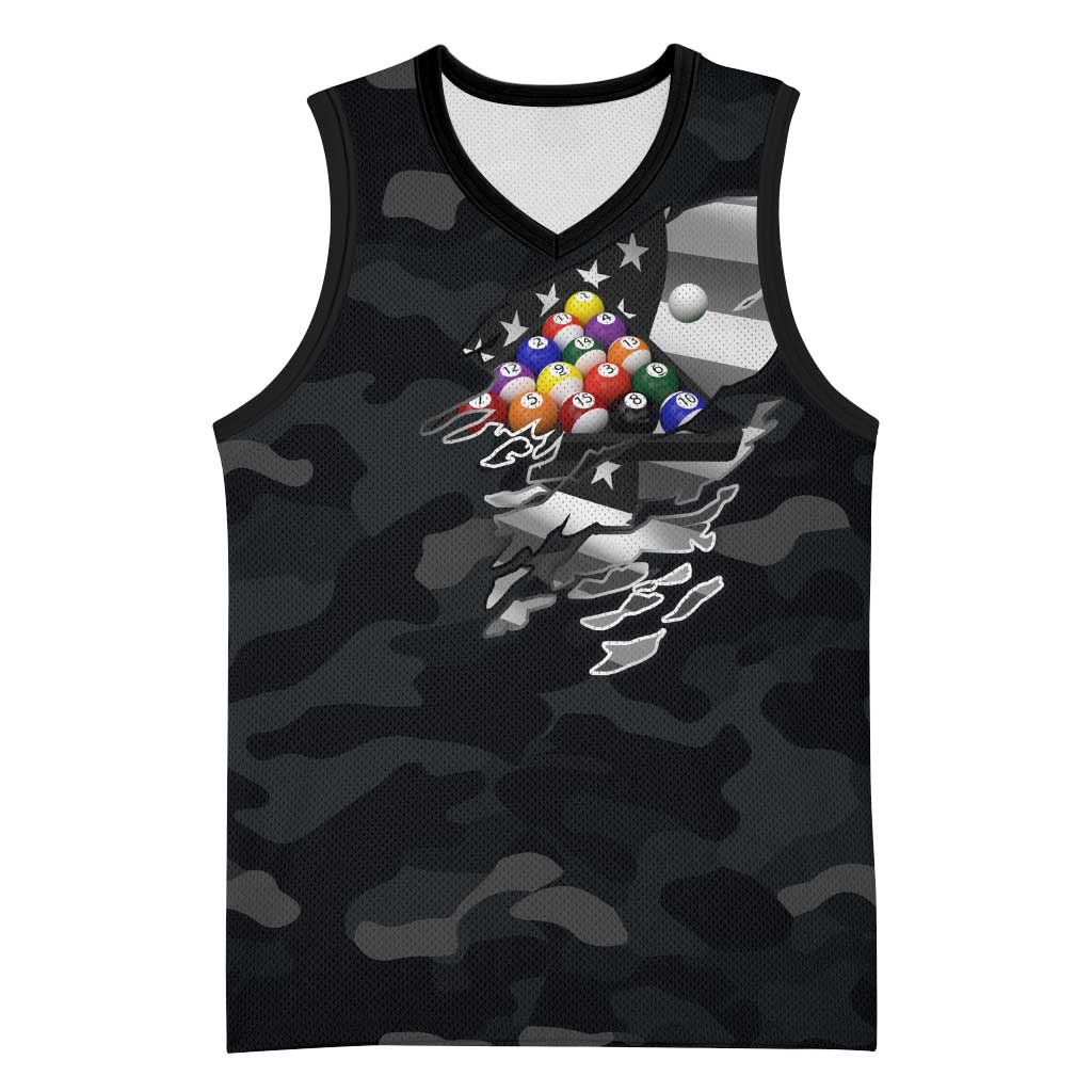Custom American Flag Billiards Basketball Jersey with 8-Ball Wings and Camo Background - Wonder Print Shop