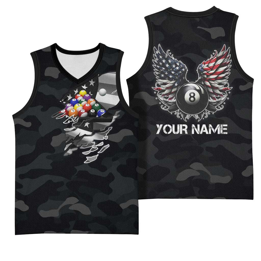 Custom American Flag Billiards Basketball Jersey with 8-Ball Wings and Camo Background - Wonder Print Shop