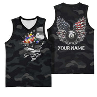 Custom American Flag Billiards Basketball Jersey with 8-Ball Wings and Camo Background - Wonder Print Shop