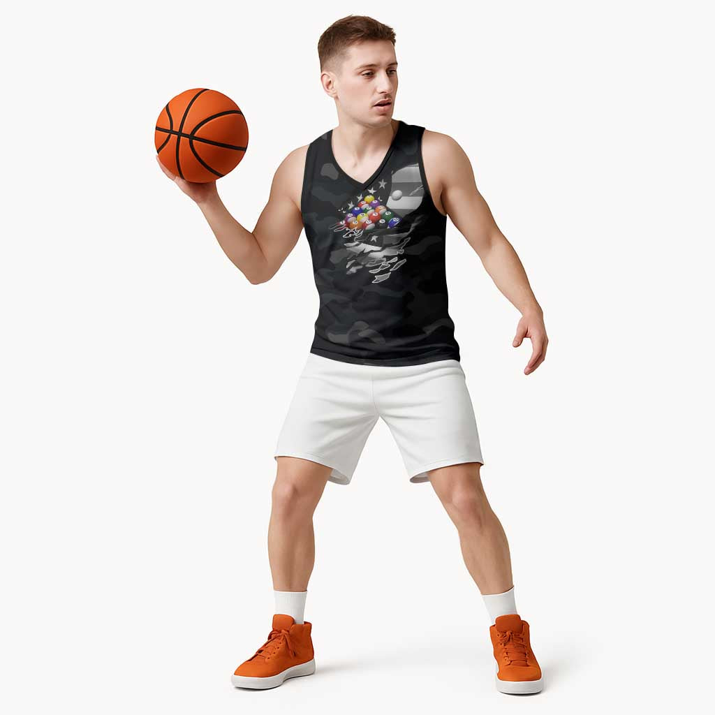 Custom American Flag Billiards Basketball Jersey with 8-Ball Wings and Camo Background - Wonder Print Shop