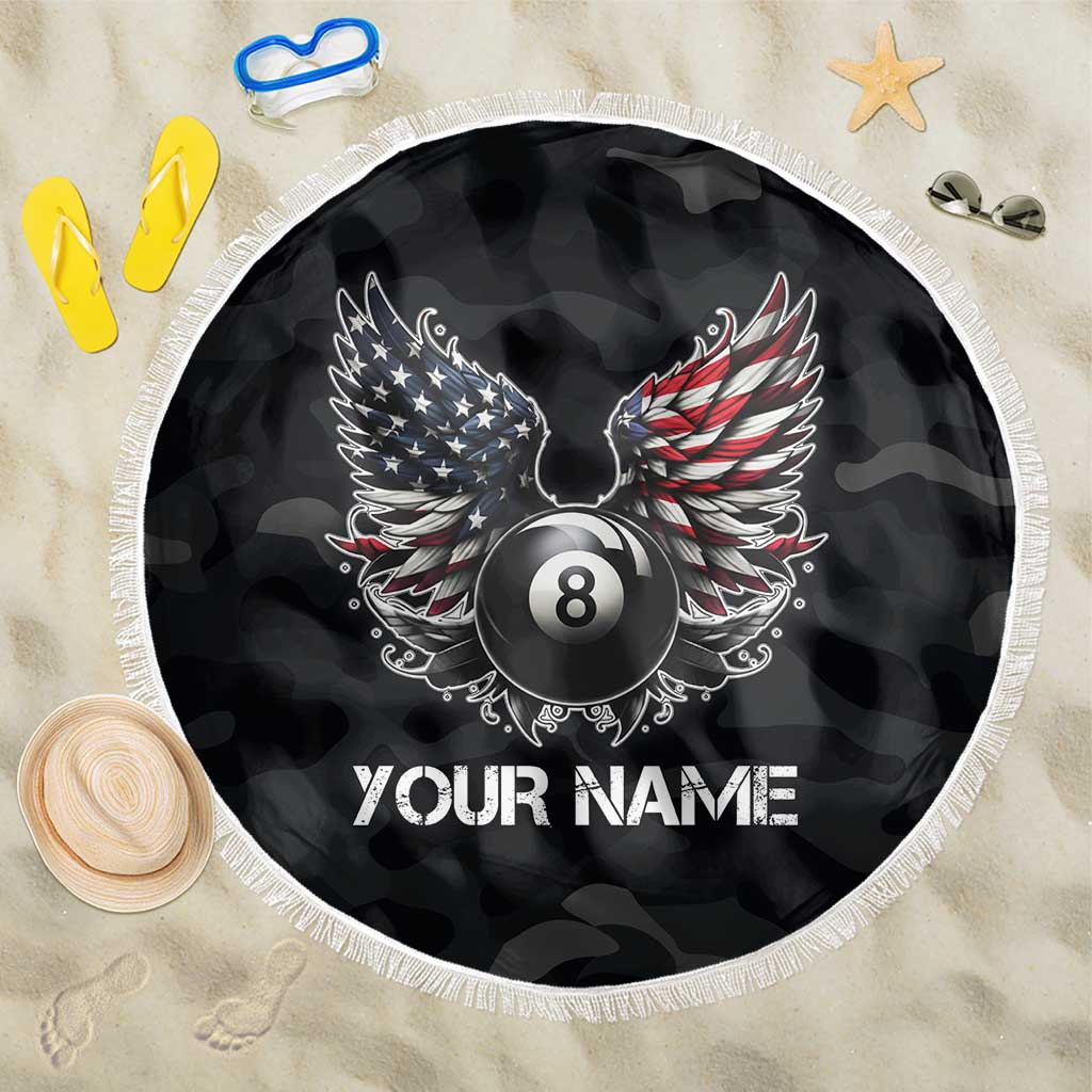 Custom American Flag Billiards Beach Blanket with 8-Ball Wings and Camo Background - Wonder Print Shop