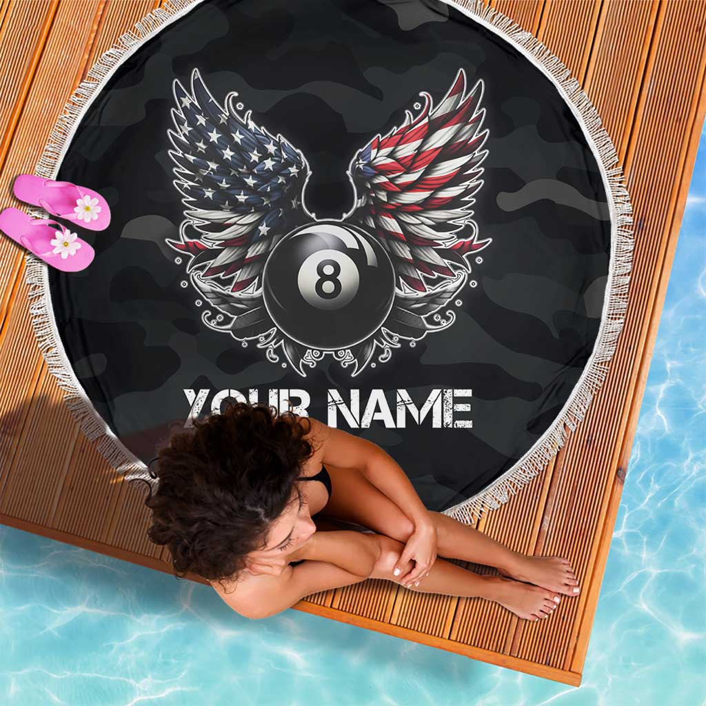 Custom American Flag Billiards Beach Blanket with 8-Ball Wings and Camo Background - Wonder Print Shop