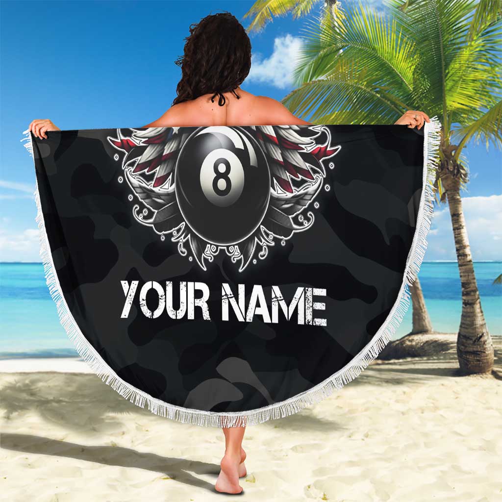 Custom American Flag Billiards Beach Blanket with 8-Ball Wings and Camo Background - Wonder Print Shop