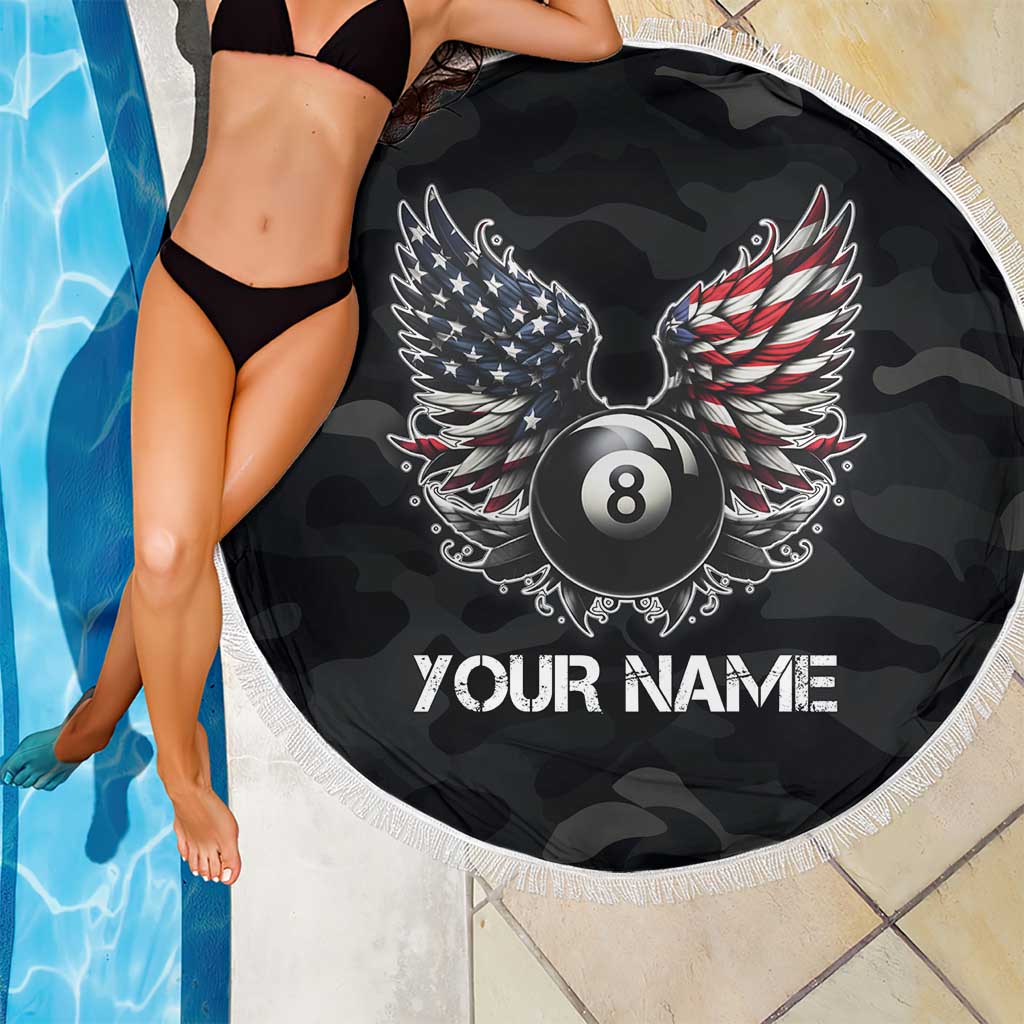 Custom American Flag Billiards Beach Blanket with 8-Ball Wings and Camo Background - Wonder Print Shop