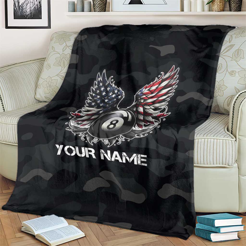 Custom American Flag Billiards Blanket with 8-Ball Wings and Camo Background - Wonder Print Shop